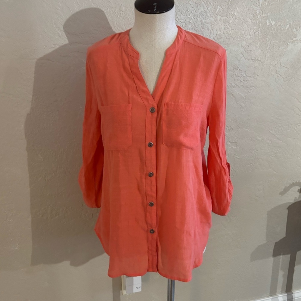 Women's  Coral Button-Up Gauze Blouse Sz Med